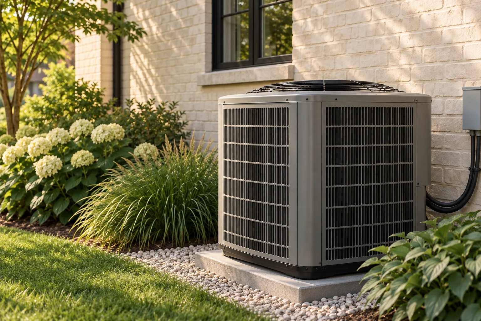 Unbranded outdoor air conditioner beside a cream brick home; generated illustration.