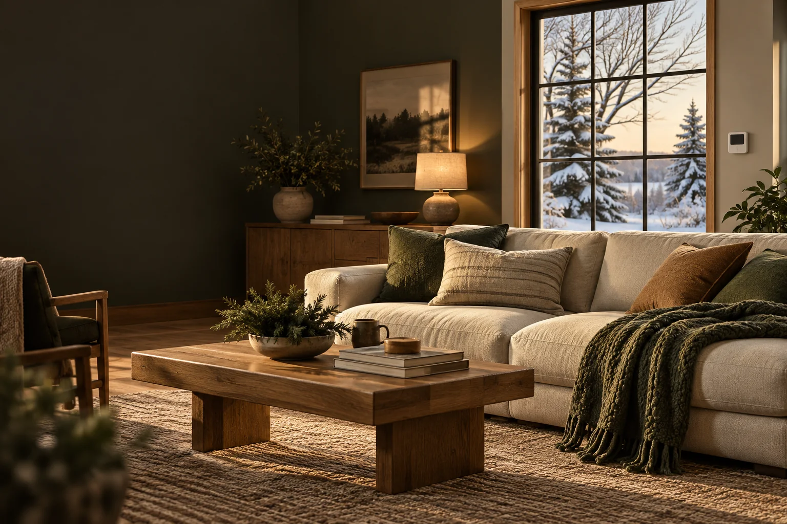 Warm living room with a wall thermostat and snow outside; generated illustration.