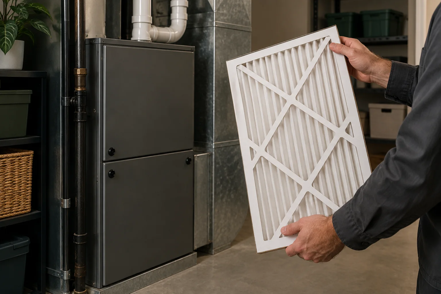 Hands holding a pleated HVAC filter beside closed equipment; generated illustration.