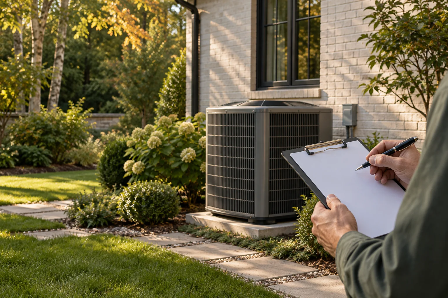 Hands holding a blank planning sheet near an outdoor condenser; generated illustration.